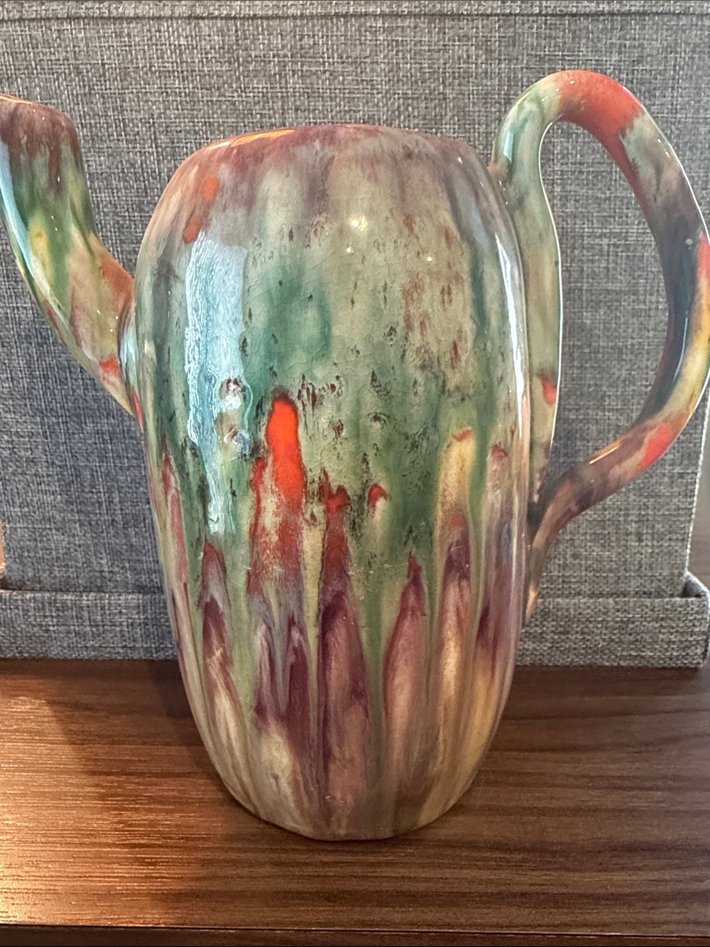 Source Unknown Multicolor Drip-Glaze Ceramic Pitcher — Green, Red, Purple